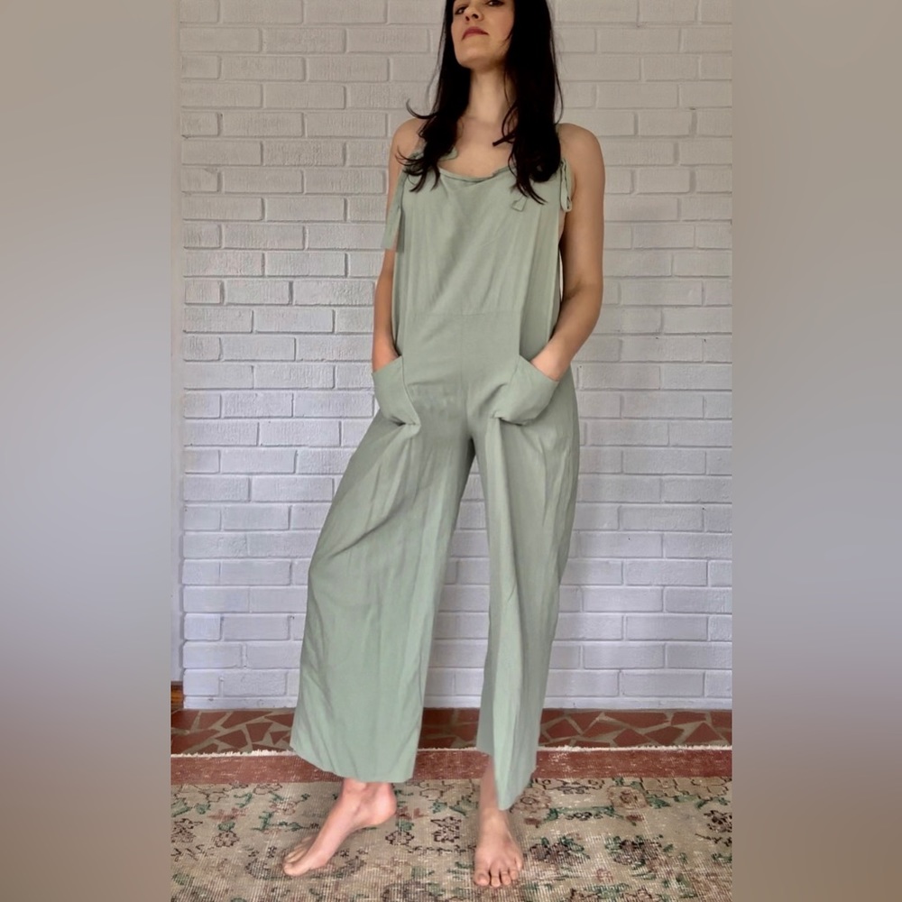 Breezy Loungewear! Linen jumpsuit overalls. Sage green. Brandless